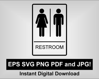 May include: Black and white restroom sign with the word "RESTROOM" printed in white. The sign features a stylized female figure on the left and a stylized male figure on the right.