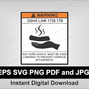 Puede incluir: Un cartel de advertencia en blanco y negro con un borde naranja. El cartel dice "WARNING OSHA LAW 1729.17B". Se muestra una ilustración de una mano sosteniendo un tronco humeante. El texto debajo de la ilustración dice "ANY TURD OVER 6" MUST BE HAND LOWERED TO PREVENT CHEMICAL SPLASHBACK."