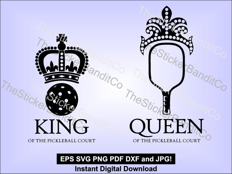 May include: Black and white silhouette design of a pickleball paddle with a crown on top and the word "QUEEN" below it.  The text "OF THE PICKLEBALL COURT" is below the word "QUEEN".  On the left side of the image is a black and white silhouette design of a pickleball with a crown on top and the word "KING" below it.  The text "OF THE PICKLEBALL COURT" is below the word "KING".