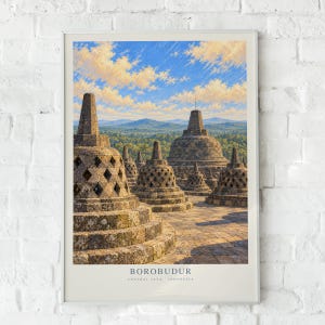 Affiche du temple de Borobudur, art mural de voyage à Java central, Indonésie, impression de paysage de stupas bouddhistes
