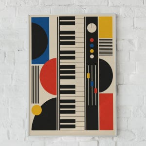 May include: A rectangular wall art print featuring a vertical piano keyboard flanked by geometric shapes in black, red, blue, and yellow. The design includes circles, rectangles, and parallel lines on a cream background, with a control panel graphic.