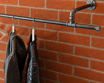 Industrial Wall Mounted Clothes Rail, Heavy Duty Pipe Garment Rack, Custom Length & Depth, Steel Hanging Rail for Wardrobe