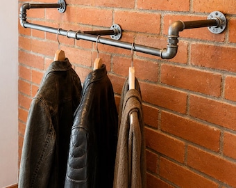Heavy Duty Wall Mounted Clothes Rail, Industrial Pipe Garment Rack, Custom Length & Wall Depth, Steel Clothing Rack
