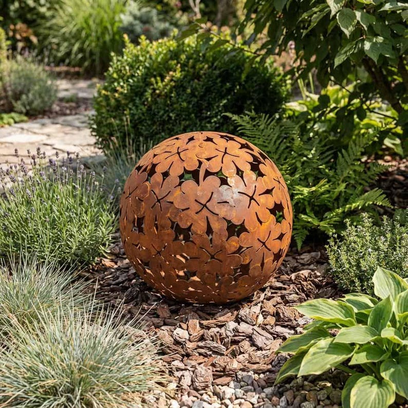 Rusty Steel Garden Sphere – Decorative Garden Orb Sculpture, 3 Designs ...