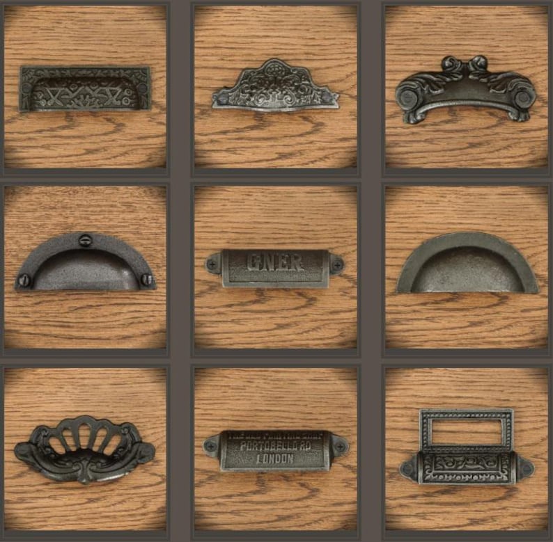 Tiradores y manijas de cajón estilo concha – Herrajes para gabinetes de hierro fundido, 27 diseños vintage imagen 2