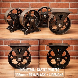 Metalowe kółko przemysłowe 135 mm – ręcznie robione stalowe kółko do mebli loftowych, kółka do stolika kawowego w stylu vintage, surowa stal / czarny (4 wzory)