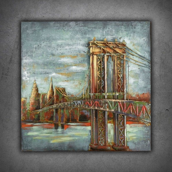 80x80mm 3D Industrial BROOKLYN BRIDGE Metal Wall Art, Modern Wall Paint, Loft Decor, Retro City Picture, Wall Metal 3D Picture, Modern Decor