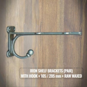 Żelazne wsporniki półkowe z haczykiem – wieszak na ręczniki, rustykalny styl vintage, para (2), 105/205 mm, surowe woskowane