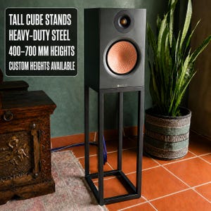 Tall Cube Speaker Stands (Pair) – Heavy-Duty Steel, 400–700 mm Height Options, Up to 1000 mm on Request
