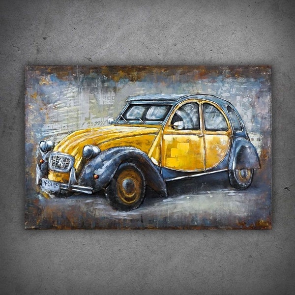 120x80mm 3D Industriel CITROEN 2CV Art mural en métal, Peinture murale moderne, Décoration murale loft, Image de ville rétro, Image 3D en métal mural, Intérieur