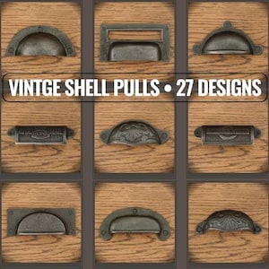 Poignée coquille - Poignée de tiroir en fonte d'acier, poignée de meuble d'apothicaire, quincaillerie de meubles vintage, 27 modèles