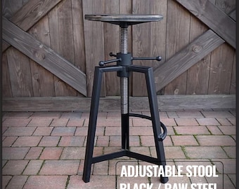 Industrial Adjustable Bar Stool – Steel & Wood Counter Stool, Workshop / Kitchen Hocker, Black or Raw Steel
