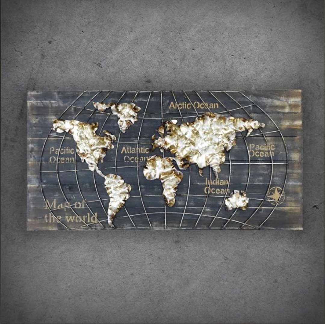 3D Industrial Metal Wall Art, World Map Metal Sculpture, Handmade 3D