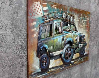 120x80mm 3D Industrial OFF-ROAD Metall Wandkunst, moderne Wandfarbe, Loft Wanddekor, Retro Stadtbild, Wand Metall 3D Bild, Innendekor