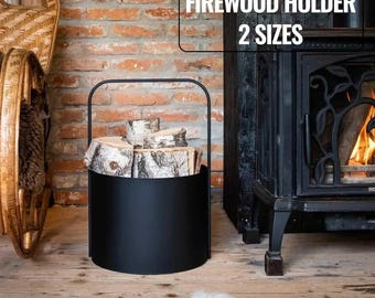 Black Steel Firewood Log Basket with Handle – Modern Indoor Log Holder, Fireplace Wood Storage Rack