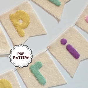 May include: A felt banner with the word "Party" spelled out in colourful letters. Each letter is a different colour and is sewn onto a white felt flag. The flags are connected with string. The banner is perfect for a birthday party or other celebration.