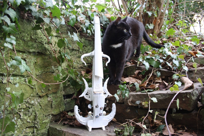 K&ouml;nnte beinhalten: Eine wei&szlig;e elektrische Geige mit filigranen Details und eine schwarze Katze, die auf einer Steinstufe mit gr&uuml;nem Efeu sitzt.