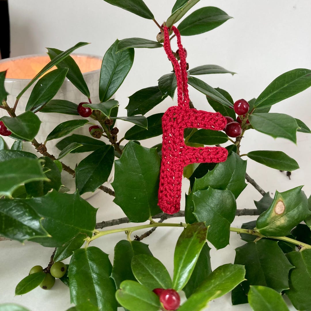 Keepsake First Christmas Ornament Red Crochet Letter F Holiday