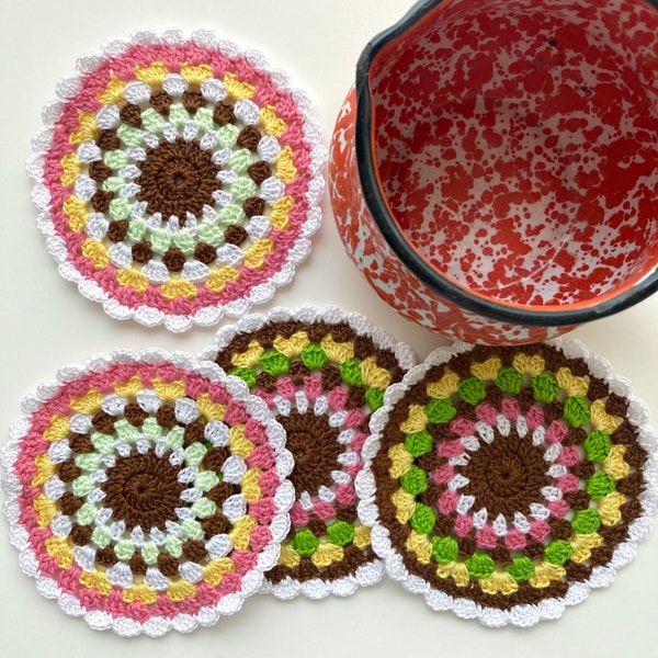 Retro Granny Circle Coasters- Set of 4- Brown Mint Green White Yellow Pink- FREE SHIPPING