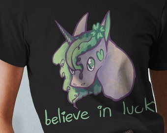 Shamrock Unicorn "Believe in Luck" Shirt | Gift for Fantasy Lover | Lucky Shirt | Clover Pony| Nature Aesthetic Unisex Classic Tee