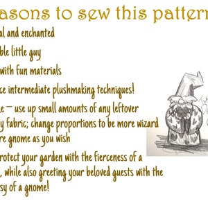 May include: A hand-drawn illustration of a gnome wearing a wizard hat and a heart-patterned robe. The illustration is in black and white and includes the text "TURMERIC DESIGN Co.". The text "Reasons to sew this pattern:" is listed above the illustration, followed by a list of reasons to sew the pattern.