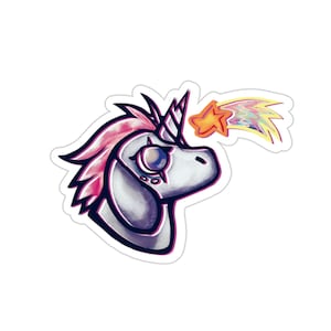 May include: A cartoon unicorn with a pink mane and a single horn looks up at a shooting star with a rainbow tail. The unicorn has a large, blue eye and a white face.