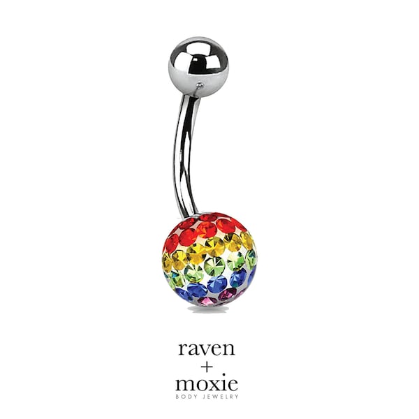 Pride Curved Barbell for navel  |  Rainbow Crystal Ferido 8mm ball  |  Belly piercing 7/16" 14ga