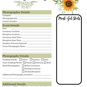 May include: A printable wedding photographer checklist with sections for photographer details, event details, photography details, and additional details. The checklist includes fields for company, photographer, contact number, date, ceremony location, reception location, ceremony start time, reception start time, number of guests expected, venue photography rules, wedding will be, want wedding photos, need photographer, additional photography locations, engagement photos, wedding album, parents' album, location, payment due, number of photos, and cost.