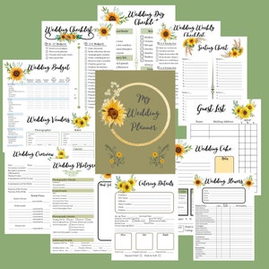May include: A printable wedding planner with sunflower illustrations. The planner includes checklists, seating charts, vendor lists, and budget worksheets. The title of the planner is "My Wedding Planner".