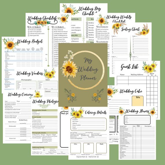 Sunflower Deluxe Wedding Planner Printable, Digital Download Rustic Wedding Planner, Country Printable Organizer, Wedding Vendors, Budget
