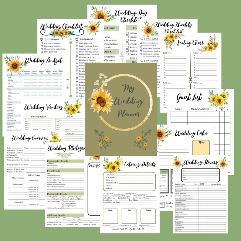 May include: A printable wedding planner with sunflower illustrations. The planner includes checklists, seating charts, vendor lists, and budget worksheets. The title of the planner is "My Wedding Planner".