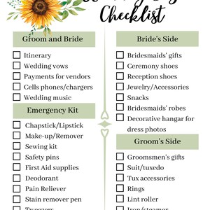 May include: A checklist for a wedding day, with sections for the groom and bride, the bride's side, and the groom's side. The checklist includes items such as wedding vows, payments for vendors, bridesmaids' gifts, and groomsmen's gifts.