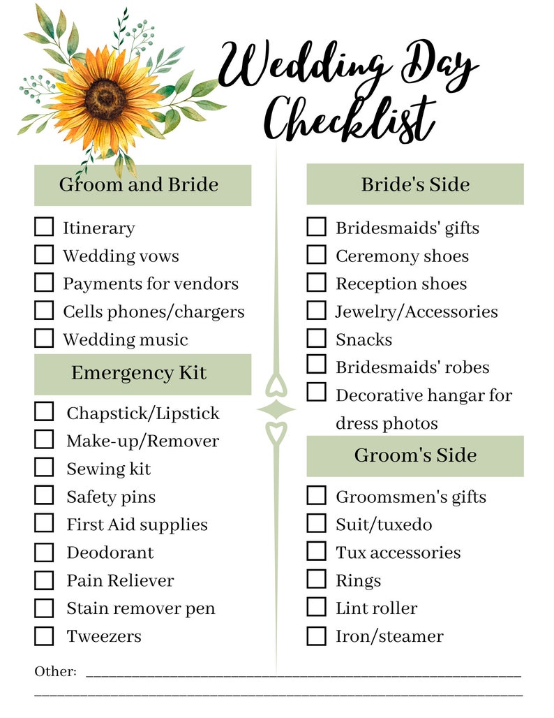 May include: A checklist for a wedding day, with sections for the groom and bride, the bride's side, and the groom's side. The checklist includes items such as wedding vows, payments for vendors, bridesmaids' gifts, and groomsmen's gifts.