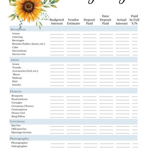 May include: A printable wedding budget planner with a watercolor sunflower design. The planner includes categories for reception, attire, flowers, ceremony, photography, and entertainment. Each category has columns for budgeted amount, vendor estimate, deposit paid, date deposit paid, actual amount, and paid in full.
