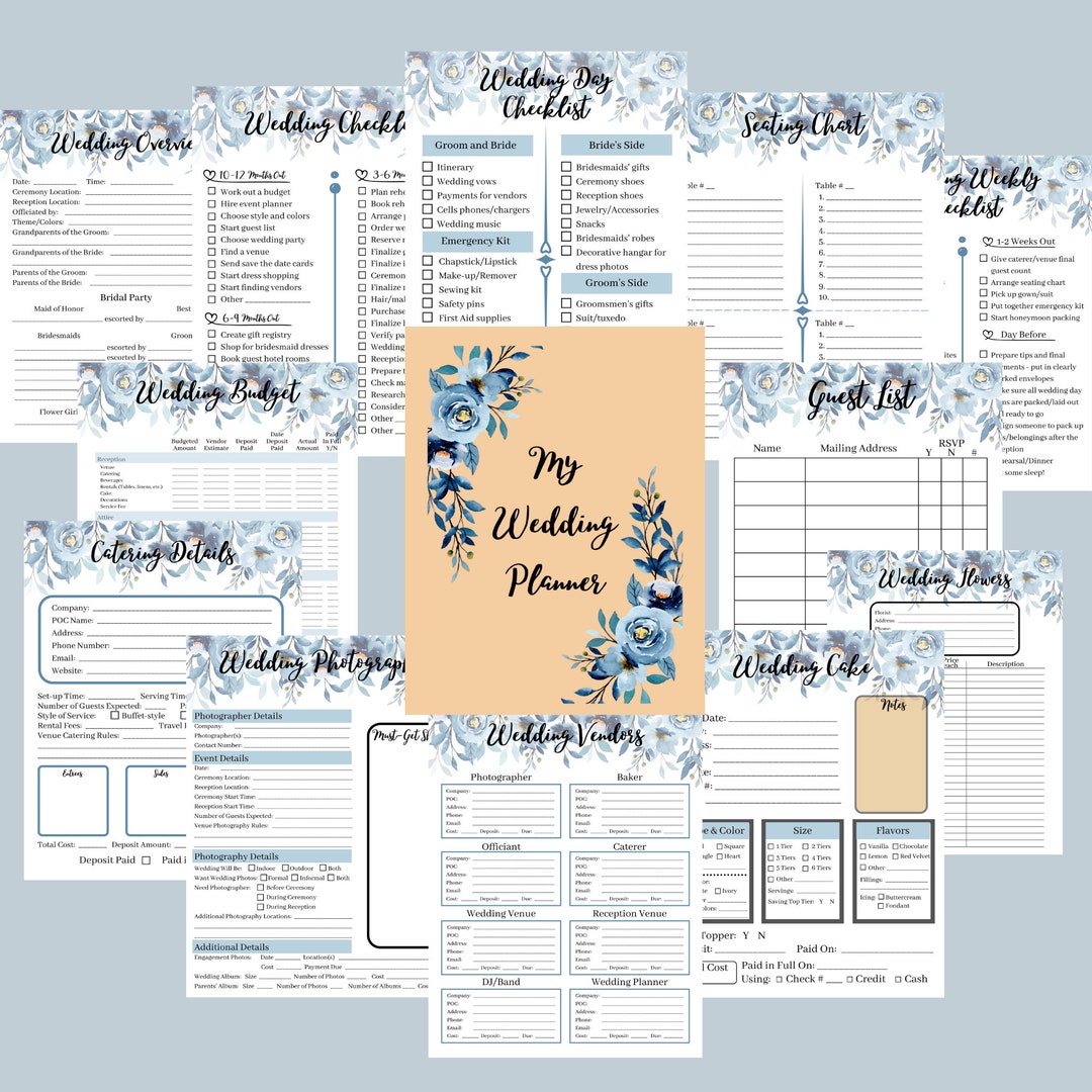 Blue Floral Deluxe Wedding Planner Printable, Rustic Wedding Organizer ...
