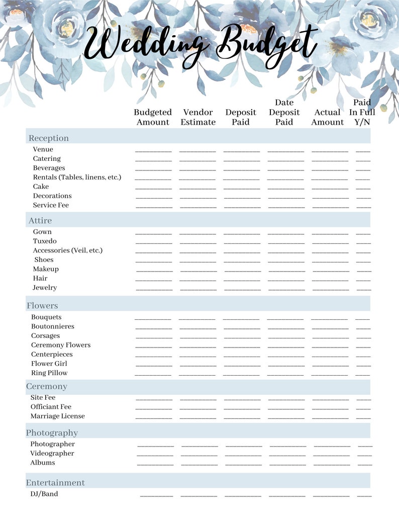 Blue Floral Deluxe Wedding Planner Printable, Rustic Wedding Organizer ...