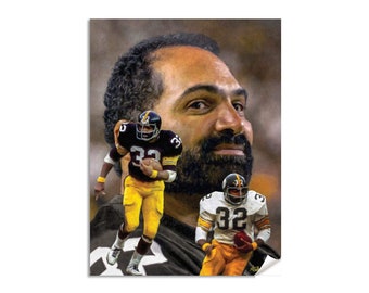 May include: A painting of a football player wearing a brown and yellow uniform with the number 32 on it. The player is running with the ball. The painting is in a realistic style and the player's face is visible.