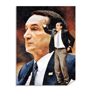 May include: A watercolor painting of a man in a suit, with another man's face superimposed over his. The man in the suit is pointing upwards with his right hand. The painting is in shades of blue, brown, and white.