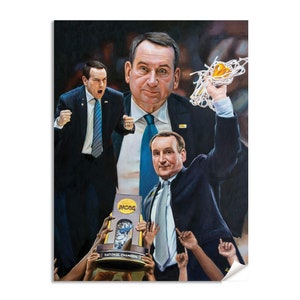 May include: A painting of three men, two in suits and one in a blue and white uniform, holding a championship trophy. The trophy is gold and has the words "NCAA National Champions" on it. The men are smiling and appear to be celebrating.