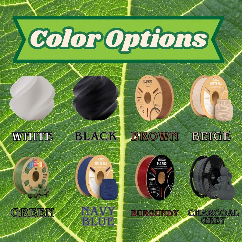 Puede incluir: Una tabla de opciones de color que muestra ocho variaciones de objetos impresos en 3D y bobinas de filamento. Los colores incluyen blanco, negro, marr&oacute;n, beige, verde, azul marino, burdeos y gris carb&oacute;n, etiquetados con su nombre.