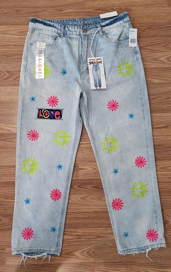 Flower Hippie Jeans Junior Size 15 womens 14 Gogo Straight Super High Rise  Non Stretch 100% Cotton Light Wash Beaded Jeans 