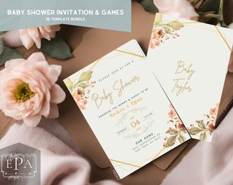 Redigerbar grön och guldfärgad blommig babyshowerinbjudan, checklista och spel - 15 mallar paketdeal (digitalt)