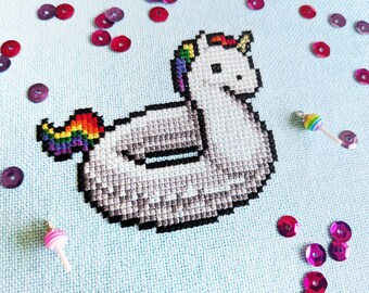Unicorn Floaty - Digital Cross Stitch Pattern, Instant PDF Download, Beginner Friendly, Modern, Kawaii, Pride, Rainbow, LGBTQ+, Cute, Summer
