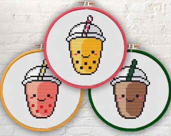 Bubble Tea - Digital Cross Stitch Pattern, Instant PDF Download, Beginner Friendly, Modern, Cute, Kawaii, Boba, Summer, Coffee, Frappe