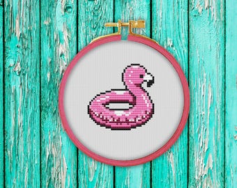 Flamingo Floaty - Digital Cross Stitch Pattern, Instant PDF Download, Beginner Friendly, Modern, Cute, Kawaii, Summer
