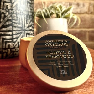 Aromatherapy Candles Santal & Teakwood 8oz | Metal Candle | Hand-Poured Soy Wax Candle | Decorative Candle