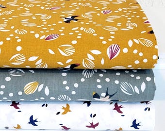 Pre-cut Cotton Quilting Fabric - Morning Song - Birds and Flowers - Yellow and Gray - Willow Weavers- Domotex