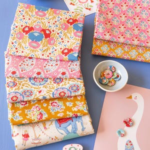 Jubilee - 5 pc Precut Fat Quarter Bundle - Mustard/Pink - 18in x 22in - By Tone Finnanger for Tilda Fabrics - Cotton Quilting Fabric