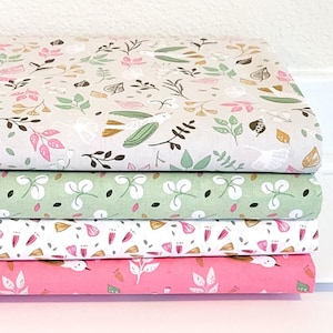 Cotton Quilting Fabric - Morning Song - Bird and Flowers - Pink and Green - Willow Weavers - Domotex
