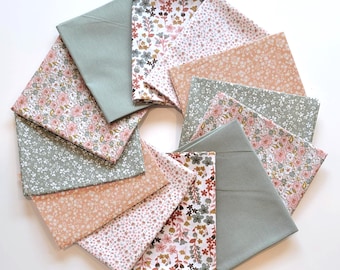Cotton Quilting Fabric - 6 pc Precut Fat Quarter Bundle- Chelsea-Vintage Flower Meadow-Pink and Green-Willow Weavers-Domotex
